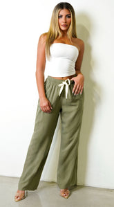 Leo Linen Wide Leg Pants - Olive Green